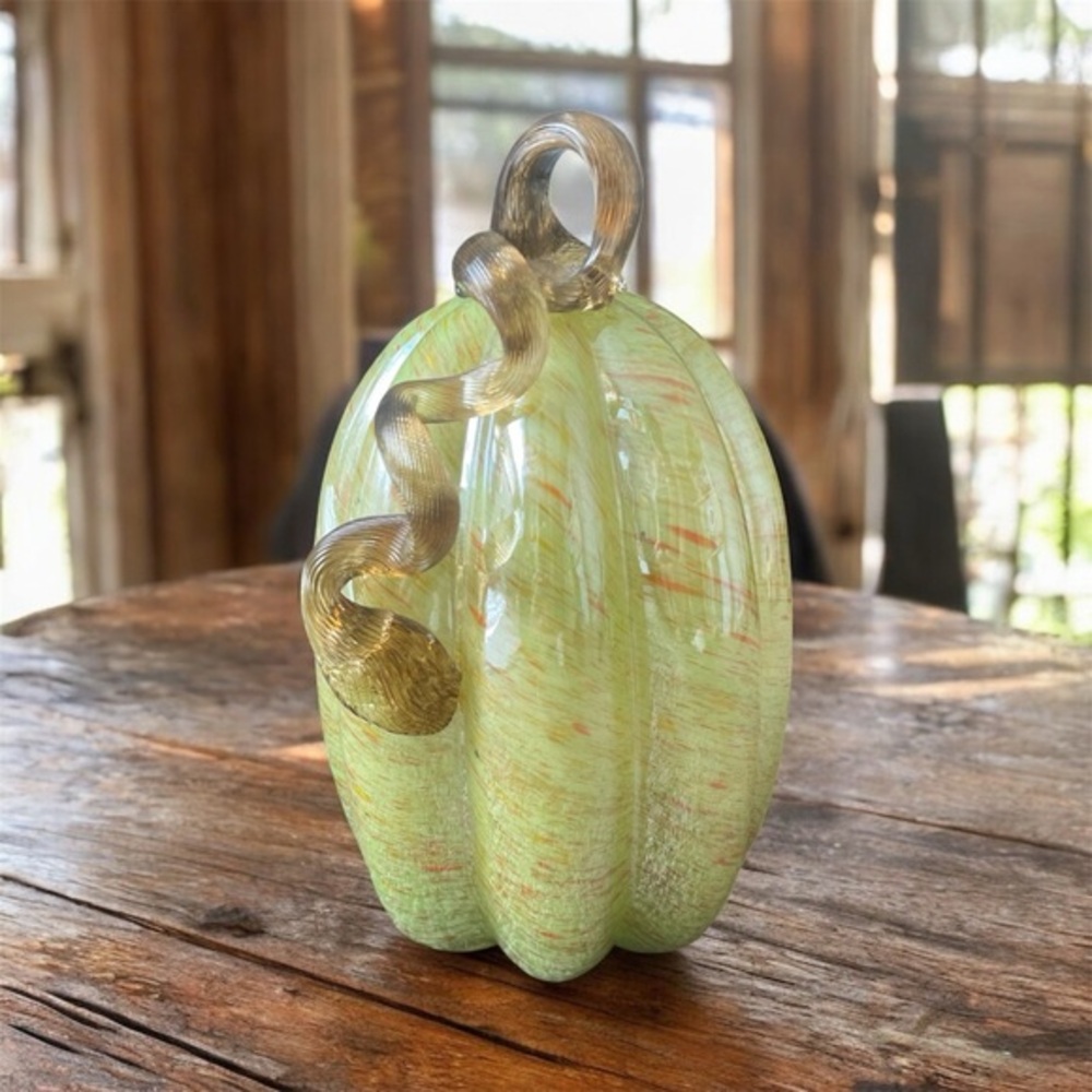 Murano Style Hand Blown Glass Yellow Green Pumpkin 10" Fall Decor